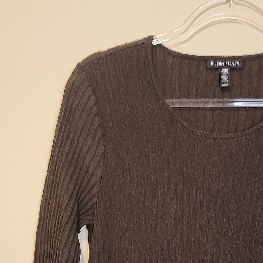 Eileen Fisher Dark Brown Wool Pleated Scoop-Neck Long-Sleeve Dress - Picture 4 of 10